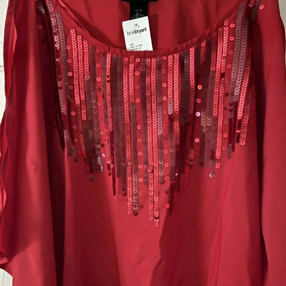 Lane Bryant Red Sequin Cold Shoulder Peplum Bliuse, Size 18/20,